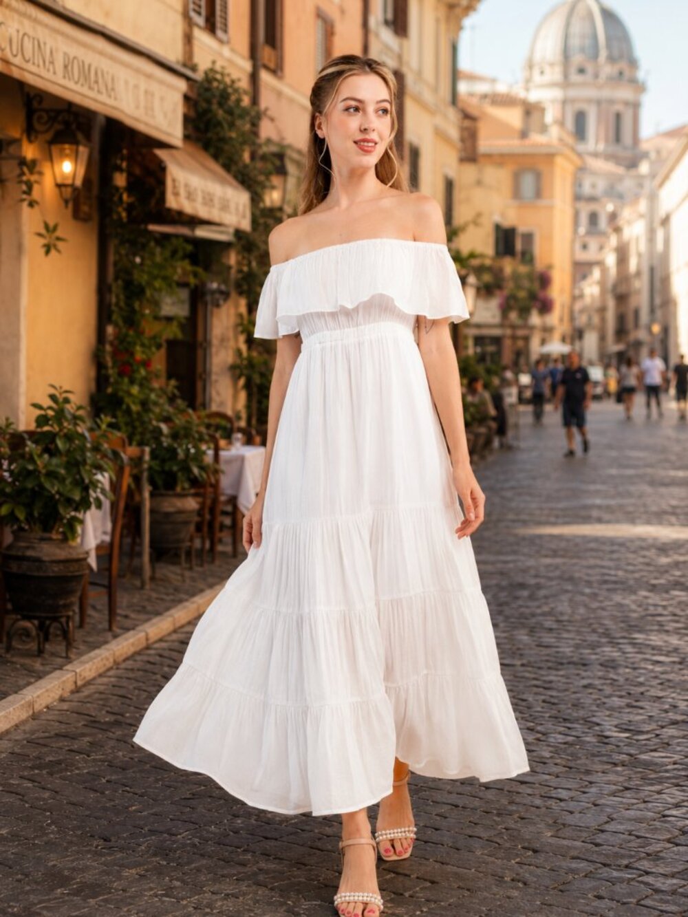 Bianca White Off-Shoulder Tiered Maxi Dress